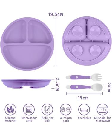 Vicloon Baby Suction Plate Set | Non Slip Silicone Weaning Plates for Toddlers | Self Feeding Divided Dishes | Fits Most Highchairs Trays | 3Pcs (Pink/Purple/Green) - Buy Online on GoSupps.com