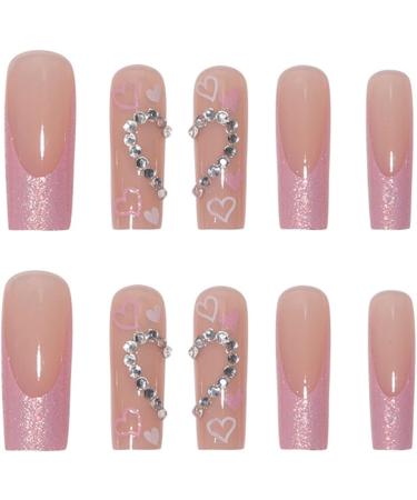 24pcs Long Coffin Ballerina False Nails with Glue - Full Cover Press on Cool Fake Nails for Women Girls - Splicing Heart Rhinestones Manicure - Buy Online on GoSupps.com