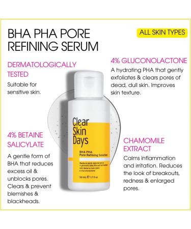 Clear Skin Days 4% BHA & 4% PHA Pore Refining Solution - Liquid Exfoliant Serum for Reduced Pore Appearance Breakout Prevention & Blackhead Control - Acid Combination Treatment - 50ml - Buy Online on GoSupps.com