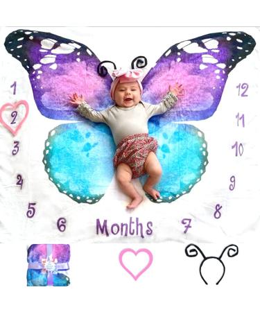 Evovee Baby Monthly Milestone Blanket Girl Butterfly Month Age Photo Photography Backdrop Newborn Girls Props Fleece Marker Headband New Moms