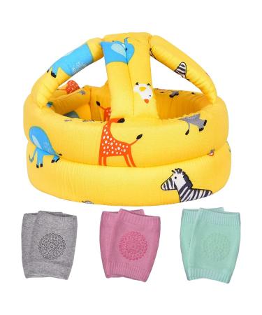Baby Head Protector & Baby Knee Pads for Crawling Infant Safety Helmet & Walking Baby Helmet for Age 6-36 Months Yellow Zoo(1+3)