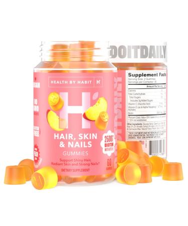 Health By Habit Hair Skin and Nails Supplement (60 Gummies) - 2500mcg Biotin Vitamin C Vitamin E Strong Nails Peach Flavor Vegan Gluten Free Non-GMO