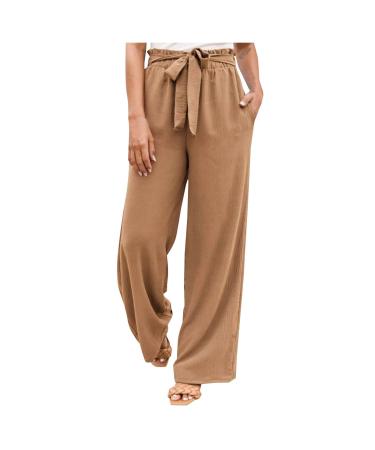 Boho Smocked Pants for Women Cotton Linen Pants Casual Printed Wide Leg Drawstring Loose Elastic Waist Beach Trousers A-brown Small