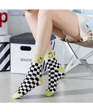 Akamas 4 Couple Black & White Checkered Ladies Socks - Smiling Face Pattern Colorful Breathable Cotton Crew Socks Perfect Gift for Girls - Buy Online on GoSupps.com