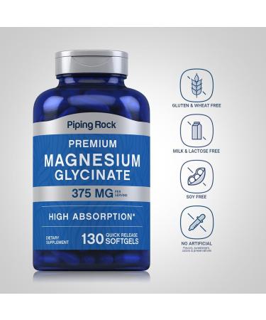 Piping Rock Magnesium Glycinate | 375mg | 130 Count | Premium & High Absorption | Quick Release Softgels | Non-GMO & Gluten Free Formula - Buy Online on GoSupps.com