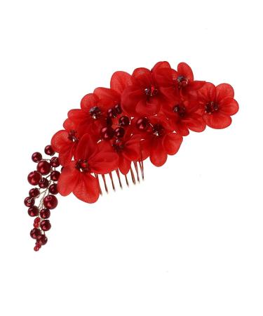 Frcolor Handmade Bridal Hair Flower Side Comb Barrette Headpiece with Tulle Flower Wedding Accessories Red