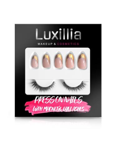 Luxillia Press on Nails and Magnetic Eyelashes Eyeliner Kit Natural Look | UV Finish 24 Nail - 12 Sizes Kit | Reusable Full Cover Acrylic Fake Nail with Glue | Almond  Short  Long  Medium  Square DUBAI BLING