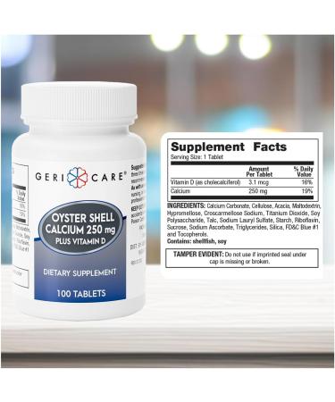 GeriCare Oyster Shell Calcium 250mg, Vitamin D 125IU Tablets, Bone Health Nutritional Supplement, 100 Count (Pack of 2) - Buy Online on GoSupps.com