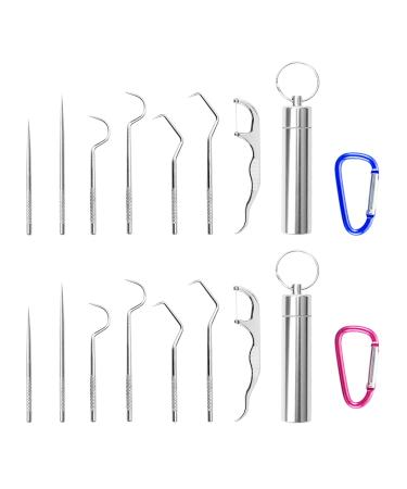 SIKAMARU 14 Pcs Stainless Steel Toothpick Cartridge with 2 Piece Carabiner Portable Toothpicks Reusable Teeth Cleaner Dental Floss Dental Care Kit Suitable for Outdoor Picnic Camping 60 grams
