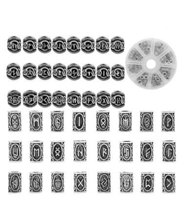 Saihisday 48PCS Viking Hair Accessories with Pull  Viking Beard Beads  Dreadlocks Jewelry Beads  Antique Norse Hair Tube Beads  Hair Braid Cuff for Men Women Hair Braiding DIY Decorations(Silver)