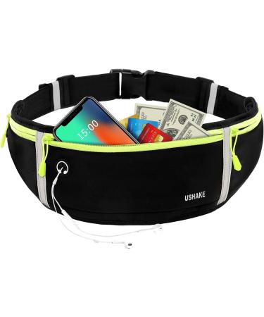 USHAKE Slim Running Belt - Black Waist Pack for Men and Women | iPhone Holder for Running, Walking, Cycling, Gym - 3 Yellow Zippers - Buy Online on GoSupps.com