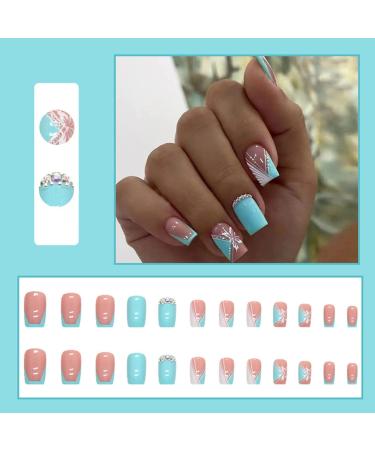24pcs Short Square White & Blue French Tip False Nails - Summer Fake Nails with Designs for Women & Girls - Buy Online on GoSupps.com