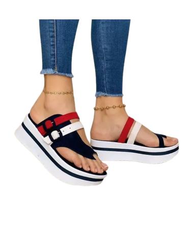 Women Platform Wedge Sandal Bunion Corrector Sandals Summer Non-slip Clip Toe Flip Flops with Buckle for Orthopedic Big Toe Bone Correction Beach Travel ( Color : Dark blue  Foot length : 25cm ) 25cm Dark Blue