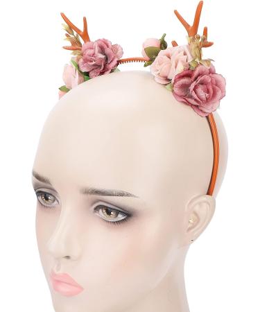 Delaman Fashionable Flower Reindeer Antlers Headband Floral Garland Crown for Party Cosplay Wedding Christmas (Dark Pink) - Buy Online on GoSupps.com