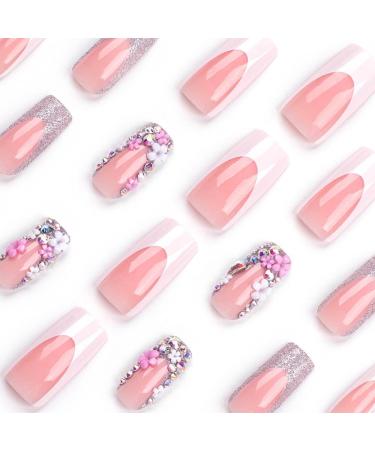 Shop Pink Glossy Ballerina French Press On Nails - 24Pc Acrylic False Nails with Rhinestones & White Tips for Women | International Shipping Available - Buy Online on GoSupps.com