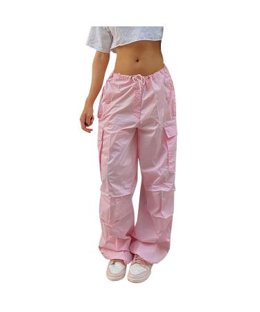 Gufesf Womens Parachute Pants Drawstring Elastic Low Waist Sweatpants Loose Baggy Y2K Cargo Pants Trousers with Pockets Ak-c-pink X-Large