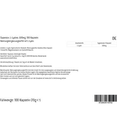 Swanson L-Lysine 500mg 100 Capsules - High Dose, Lab-Tested, Soy-Free, Gluten-Free, Non-GMO - Buy Online on GoSupps.com