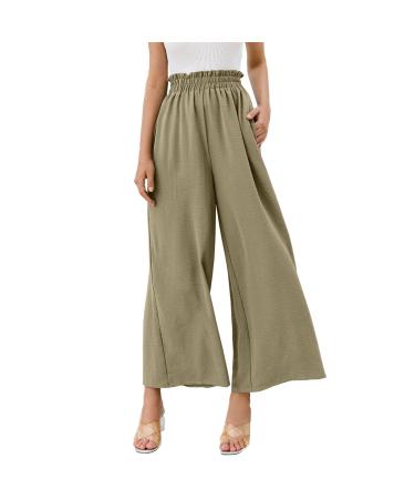 GETBEE Women's Wide Leg Lounge Pants with Pockets Lightweight High Waisted Elastic Waist Loose Trousers Palazzo Flowy Pants Large A1-army Green