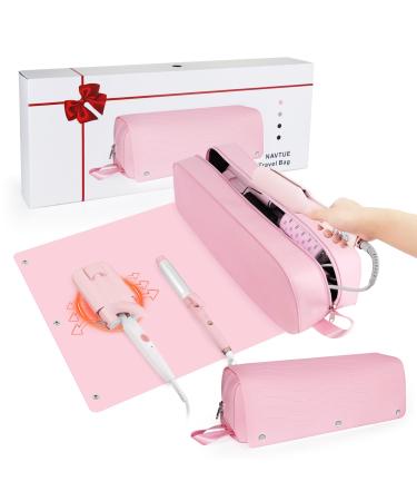Hair Tools Travel Bag with Silicone Heat Resistant Mat for Flat Irons Curling Iron Hair Dryer and Care Accessories Large Portable 2 in 1 Hair Tool Organizer Travel Essentials for Women (Pink)