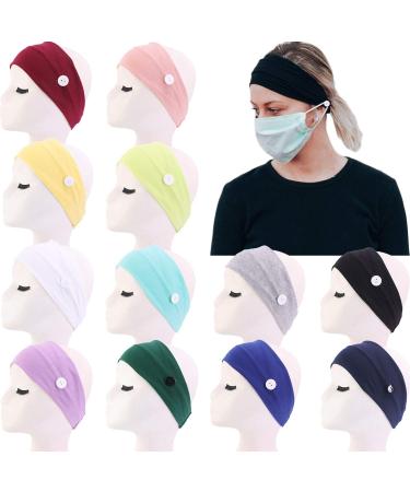 C LLOT 12 Pack Boho Wide Headband with Button Elastic Turban Hair Band Yoga Head Wraps for Women Girls Nurse and Doctor Multi-colored