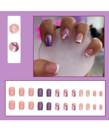 24 Pcs French Tip Short Square Press on Nails Purple Shiny Powder - Cute Designs for Women & Girls | Acrylic False Nails Full Cover Stick on Nail Decor PT10 - Buy Online on GoSupps.com