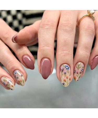 30 Pcs Extra Short Press on Nails Almond - BHLFRH Reddish Brown Fake Nails Press ons Nail Art French Tips Glue on Nails Full Cover Acrylic False Nails with Flower Design Stick on Nails for Women Girls Design A5