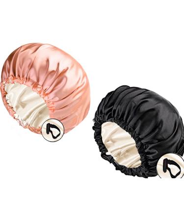 LadayPoa 2PCS Satin Sleep Cap  Adjustable Bonnet Hair Caps with Double-Sided Bonnet for Natural Hair Hair Wrap for Women Hair Care (Black+Pink)