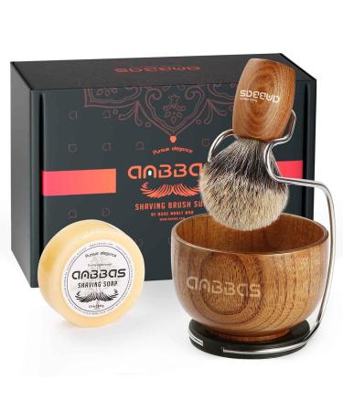 Anbbas 4in1 Shaving Set, Pure Badger Hair Shaving Brush Wood Handle and Large Soap Bowl,Stainless Steel Shaving Stand with 3.5OZ Natural Shaving Soap Puck Refill for Men Brown-upgrade