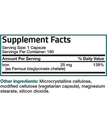 Iron Bisglycinate 25mg - Gentle on Stomach - Supports Energy & Red Blood Cell Production - Non-Constipating - Non GMO - 180 Vegetarian Capsules - Buy Online on GoSupps.com
