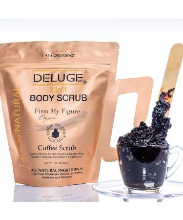 Deluge Coffee Scrub for Cellulite and Stretch Marks - Hydrating Treatment with Shea Butter, Coconut Oil, and Dead Sea Salt - Firms, Tones, and Moisturizes Skin - 10 oz - Buy Online on GoSupps.com