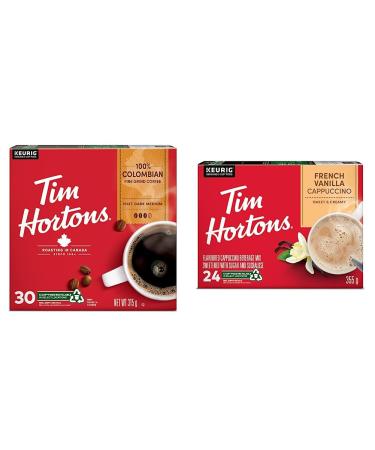 Tim Hortons Colombian Coffee Single Serve Keurig K Cup Pods Medium Roast 30 Count & French Vanilla Cappuccino K-Cup Pods 24 Pack Colombian + K-Cup Pods 24 Pack 100% Colombian 1 Count (Pack of 30)
