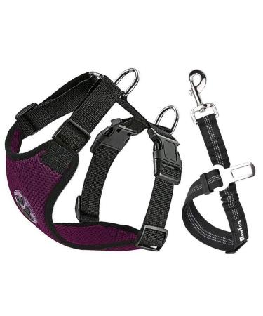 Slowton dog harness with seat belt for car double-lying breathable latex network tissue puppy harness regular safety harness Dog for all everyday sports (Burgundy S) s Burgundy