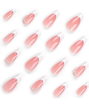 French Tip Press on Nails - Short Press On Nails with Nail Tips Simple French white edged pearl almond shaped false nails press on nails Acrylic False Nails Cute Artificial Nails - Buy Online on GoSupps.com