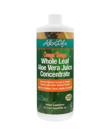 Aloe Life - Whole Leaf Aloe Vera Juice Concentrate Soothing Relief for Indigestion Antioxidant Catalyst Supports Energy & Wellness Certified Organic Aloe Leaves Gluten-Free (Orange Papaya 32 oz) 32 Fl Oz (Pack of 1)