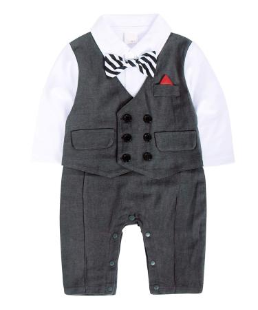 AmzBarley Baby Boys Gentlemans Outfit Suit Kids Long/Short Sleeve Dress Shirt Pants Vest Bowtie Tuxedo Rompers Childs Birthday Evening Holiday Party Black 099 18-24 Months