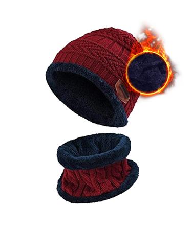 Aisprts Kids Winter Beanie Hat and Scarf Set Knitted Thermal Fleece Lining Hat and Snood Neck Warmer for Boys Girls One Size Red