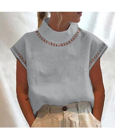 Womens Cotton and Linen Shirts Plus Size Blouses Summer Short Sleeve Lapel Button Casual Tees Round Neck Loose Holiday Vacation Henley T Shirts 2651-qppoj-grey-f S - Buy Online on GoSupps.com