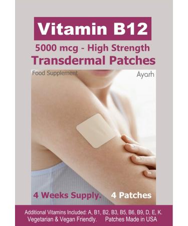 Vitamin B12-5000mcg (High Strength) Plus Additional Vitamins - Transdermal Patches. 100% Natural Ingredients. Vegetarian & Vegan Friendly. Patches Made in USA. 4 Weeks Supply. 4 Patches. 4 Count (Pack of 1)