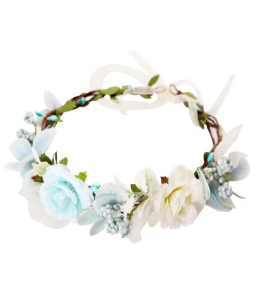 Handmade Adjustable Flower Crown Floral Headband Hair Wreath Halo Headpiece Photo Props,B21-Light blue & white