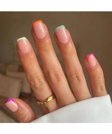 Colorful French Tip Press on Nails Short Square Fake Nails Nude Pink False Nails Natural Glue on Nails Full Cover Acrylic Stick on Nails for Women Manicure Kit 24Pcs C 05