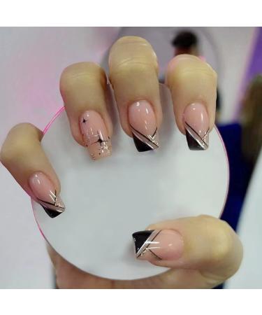 Justotry 24 pieces stars angular nails to stick on short black French press on nails glossy striped artificial nails fake nails beautiful square fingernails artificial nails for women black & star 1