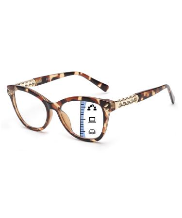 JM Progressive Multifocus Reading Glasses for Women Cat Eye Reader with Blue Light Blocking Trotoise+2.0