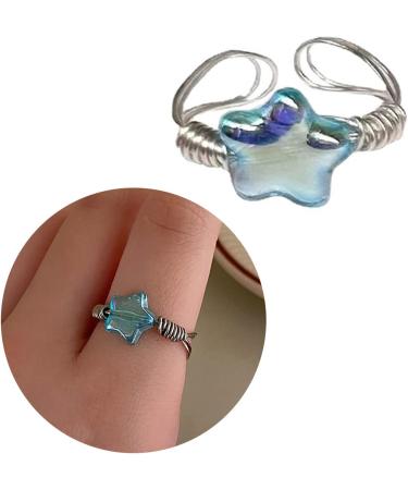 Sakeiou Harajuku Blauer Kristall Stern Pentagram Ring - Aesthetic Adjustable Women's Fashion Jewelry - Buy Online on GoSupps.com