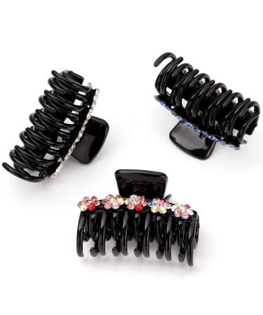 LONEEDY 3PCS Rhinestone Flower Hair Claw Clips - Strong Hold Double Teeth Jaw Clips (Medium) - Color, Light Blue, Silver - Buy Online on GoSupps.com