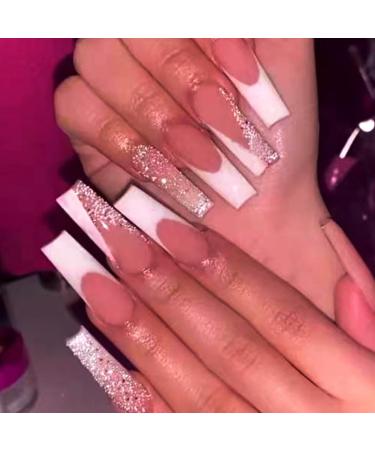 Brishow pink artificial nails long nails to stick on French glitter press on nails ballerina acrylic fake nails 24 pieces for women and girls