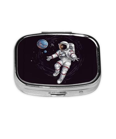 Astronaut Space Basketball Printing 2 Compartment Small Pill Case Cute Small Pill Box Purse Pill Boxs Travel Pill Organizer for Pocket Purse and Travel Gifts