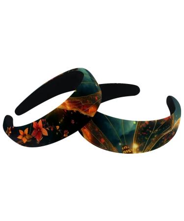 2 Pieces Headbands Women Hair Head Bands Butterfly with Fantasy Flowers Sparkle Trail at Night Non Slip Thick Padded Hairband Hair Band Hoops Vintage Thick Hair Wrap Multi-colored 7