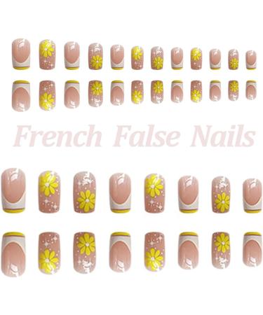 24pcs Short French False Nails - Almond Square Press on Nails - Yellow Summer | Full Cover Acrylic False Nails with Glue - French Fake Nails for Women and Girls | Nail Art - Buy Online on GoSupps.com