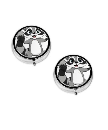 (Cartoon Cute Raccoon) Round Pill Box 3 Compartment Pill Box Mini Decorative Pocket Purse Portable Travel Medicine Tablet Vitamin Holder Organizer Pill Case