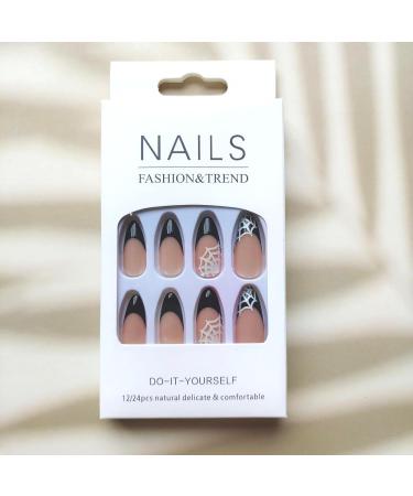 French Tip Press on Nails - Almond Shape Full Cover Acrylic | Halloween Spider Web Design - Glossy Stick-On Nails for Women/Girls - Buy Online on GoSupps.com